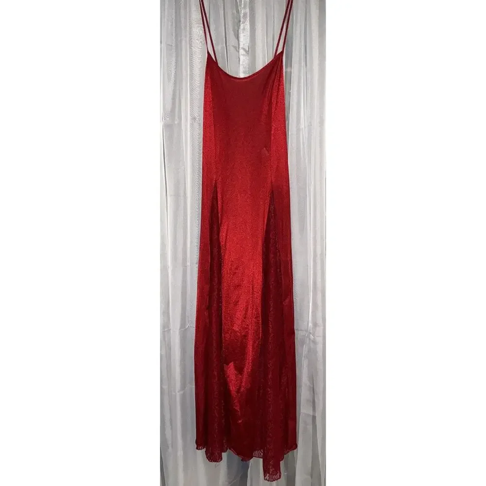 Vintage Petra Fashions Rich Crimson Red Silky Nightgown Lace Inset Panels Sz XL